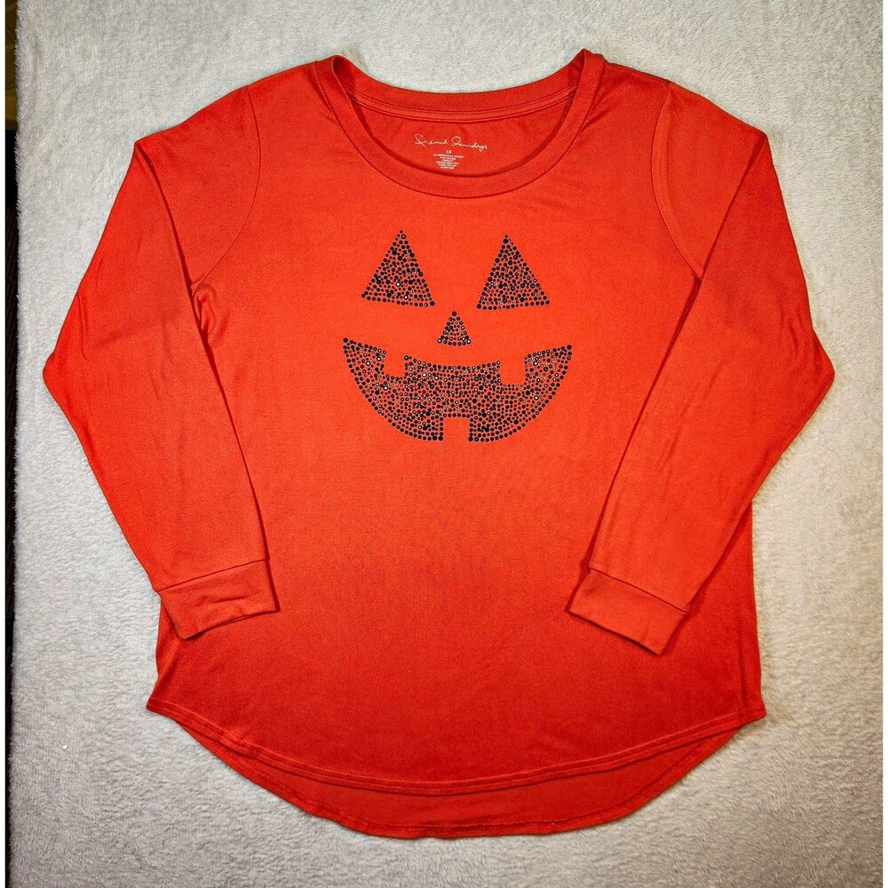 French Laundry Women's 1X Graphic Long Sleeve Top Orange Knit Pumpkin Rhinestone